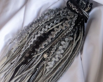 Moon Ash Crochet Dreadlocks – light Black to Silver Grey Ombre Synthetic Dreads with Braids & Beads, Witchy Boho Extensions