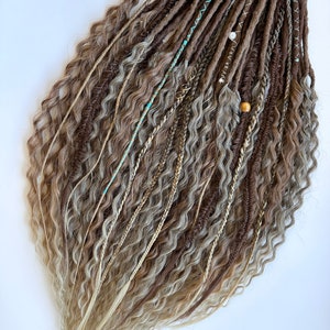 Curly dreads ombre brown to light brown dreads double ended or single ended fake dreadlocks synthetic wavy dreads extensions
