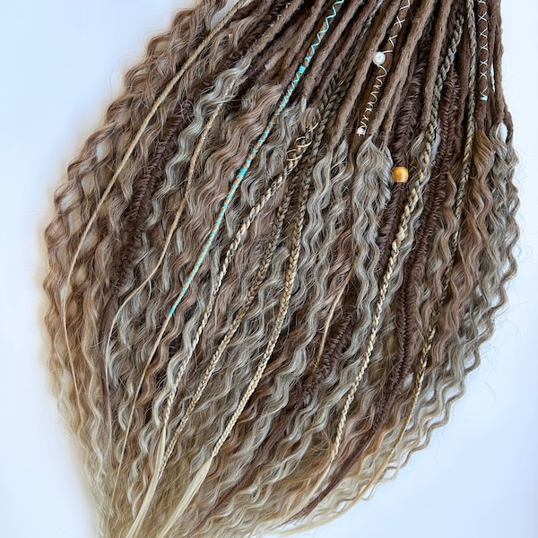 Dreads bouclées dreads ombrées brun à brun clair double ou simple dreadlocks faux dreadlocks synthétiques extensions de dreads ondulées