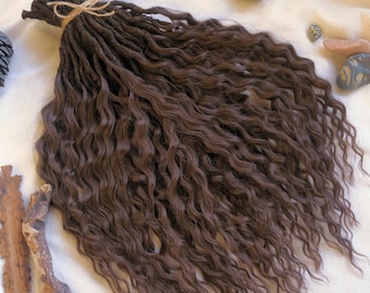 Chocolate Brown Curly Synthetic Dreadlocks: Wavy Braided Hair Extensions, customizable length and thickness