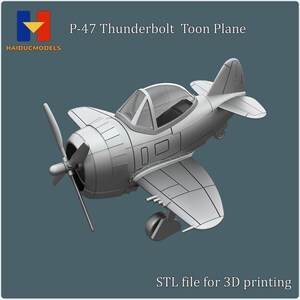 Puede incluir: Un modelo de avión P-47 Thunderbolt impreso en 3D en estilo de dibujos animados. El modelo es gris y tiene una cabina transparente. El texto "P-47 Thunderbolt Toon Plane" y "STL file for 3D printing" es visible en la imagen.