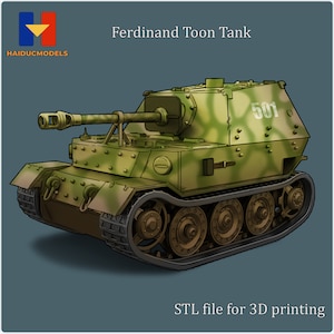 May include: A green and brown cartoon-style Ferdinand Toon Tank with the number 501 on the side. The tank has a large cannon and tracks. STL file for 3D printing.