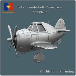Puede incluir: Un modelo 3D impreso en gris de un avión P-47 Thunderbolt Razorback Toon Plane. El avión tiene una gran hélice, una sola cabina y un diseño de dibujos animados. Archivo STL para impresión 3D.