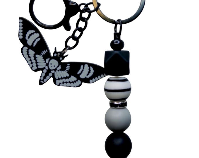 Death Head Moth Keychain, Goth Beaded Purse Charm
