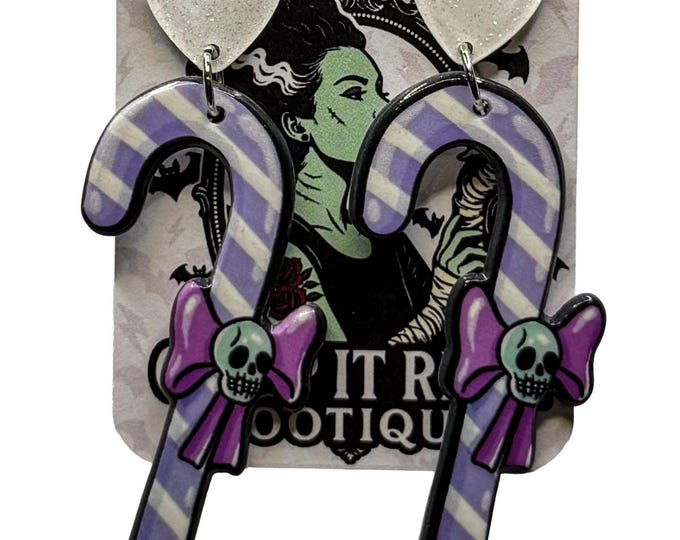 Goth Christmas Earrings: Pastel Purple Candy Cane Skull Bow