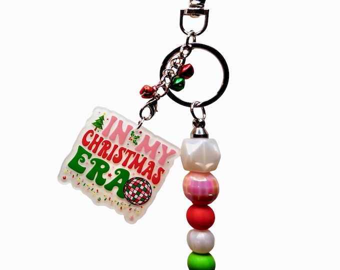 Christmas Era Beaded Keychain, Holiday Stocking Stuffer