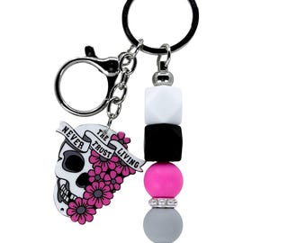 Goth Skull Bag Charm: Beaded Skeleton Keychain, Spooky Pink Floral