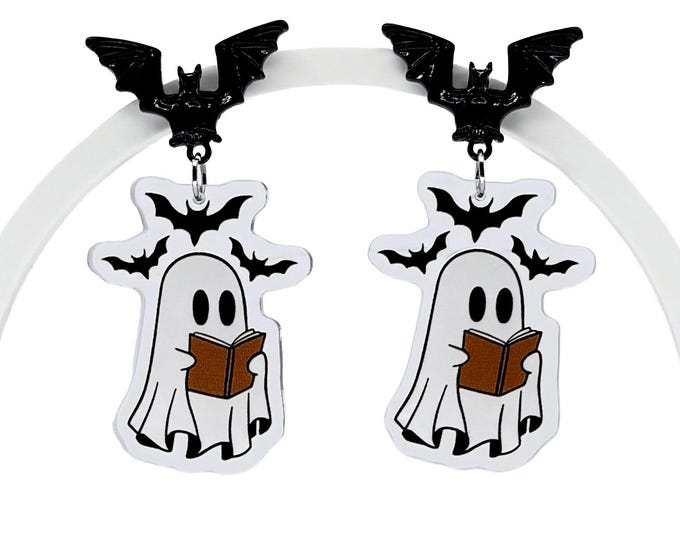 Bookish Ghost Earrings, Spooky Halloween Bat Studs, Horror Earrings