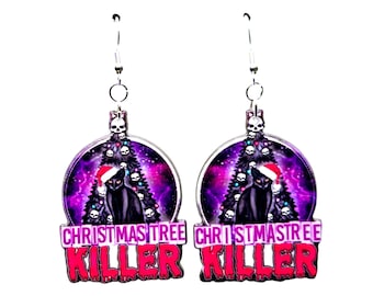 Gothic Christmas Tree Black Cat Earrings, Creepy Holiday Jewelry