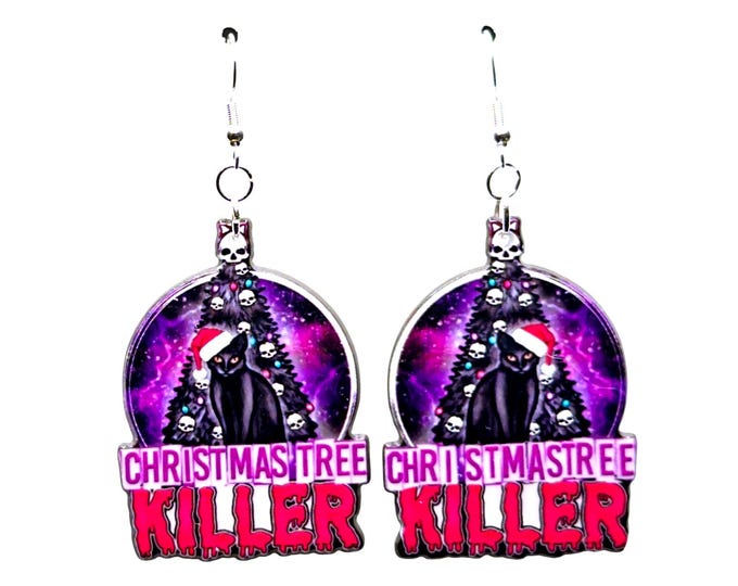 Gothic Christmas Tree Black Cat Earrings, Creepy Holiday Jewelry