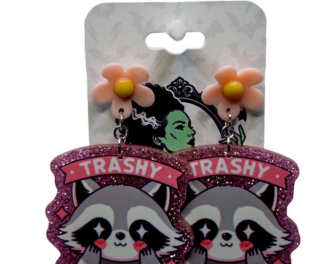 Raccoon Earrings, Glitter Accents, Statement Jewelry