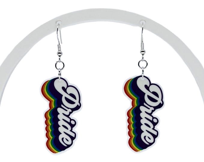 Rainbow Pride Earrings, Acrylic Charm, Blue Heart Studs