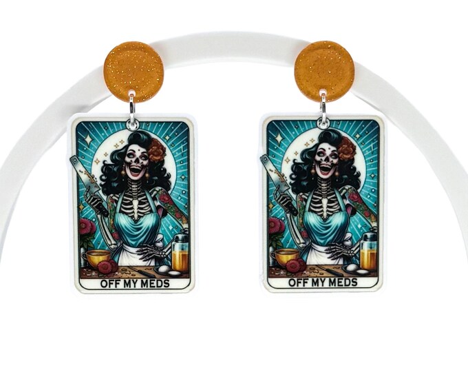 Tarot Card Skeleton Pin Up Earrings: Nickel Free