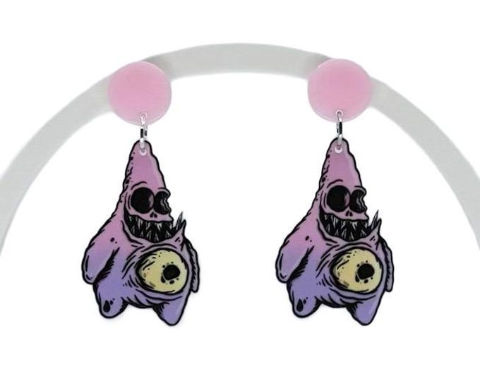 Spooky Starfish Earrings, Y2K Cartoon Style, Purple Monster Design