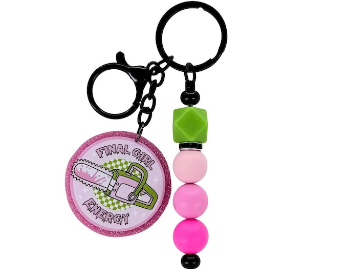 Beaded Keychain: Spooky Sassy Charm with Green and Pink Beads