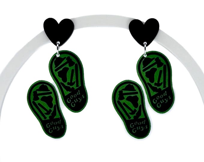 Horror Sneaker Earrings, Green Glitter Spooky Statement Jewelry, Acrylic Craft