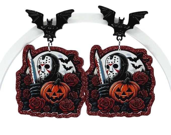 Glitter Bat Earrings: Horror Roses, Pumpkins, Slasher Halloween Acrylic Charm