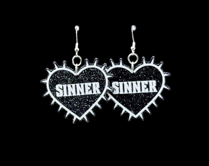 Sinner Goth Earrings: Black Sparkly Heart