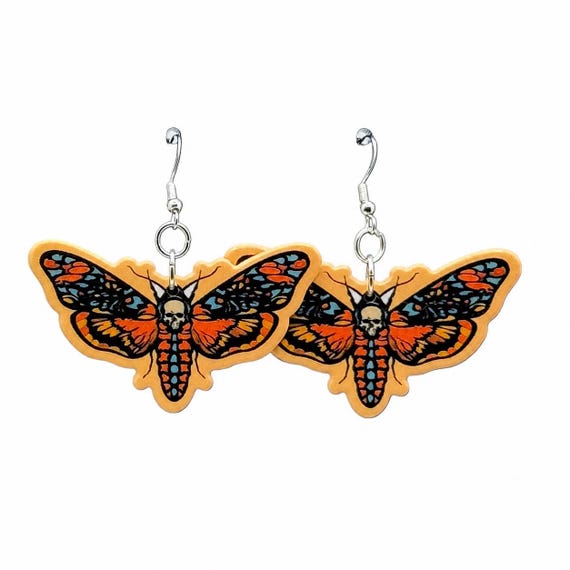 Goth Deaths Head Moth Earrings: Hypoallergenic Hardware