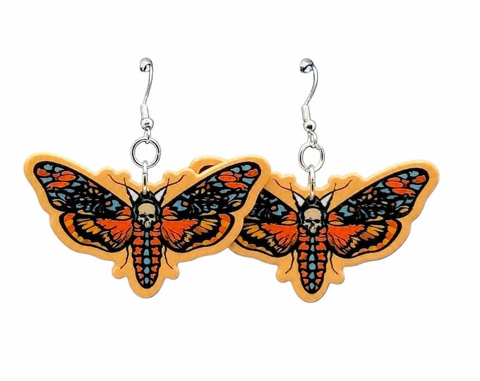 Goth Deaths Head Moth Earrings: Hypoallergenic Hardware