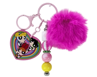 PPG Heart Charm Faux Fur Pom Pom Keychain, Pastel Beaded Bag Accessory