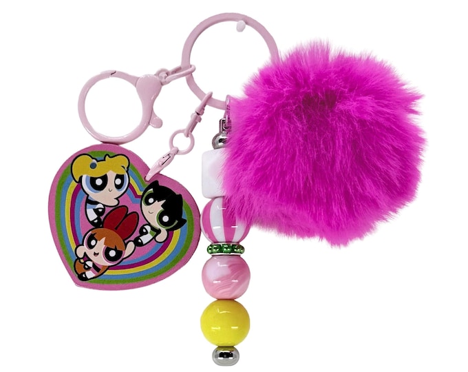 PPG Heart Charm Faux Fur Pom Pom Keychain, Pastel Beaded Bag Accessory