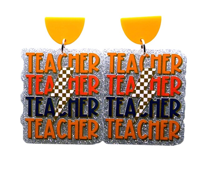 Teacher Earrings, Glitter Sparkle, Checkered Lightning Bolt