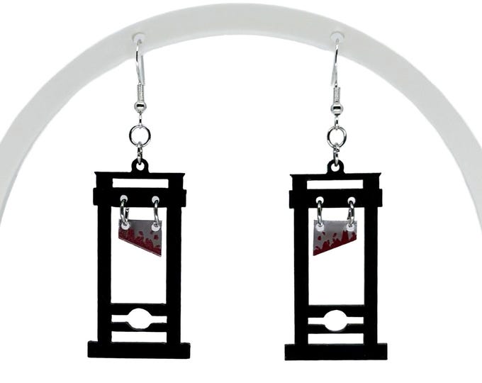 Guillotine Earrings, Horror Jewelry, Bloody Acrylic Drop Charms (2.75" Drop)