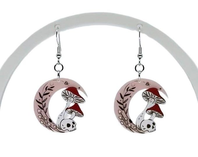 Pink Moon Mushroom Earrings, Cottagecore Trippy Jewelry