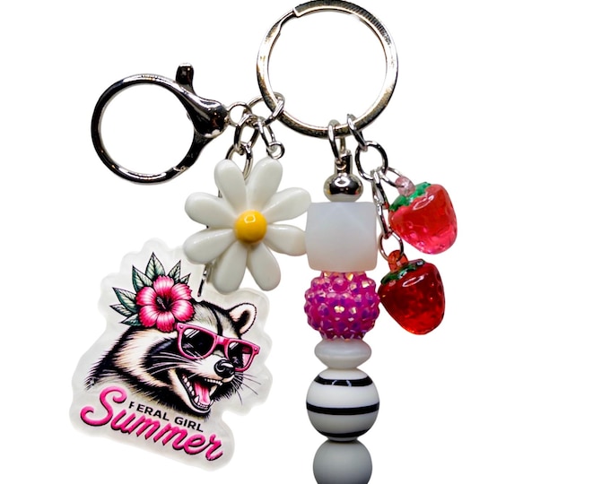 Feral Girl Summer Raccoon Keychain, Strawberry Daisy Charm Accessory