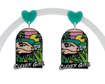 Velociraptor Dangle Earrings: Retro Sunset Dinosaur Jewelry