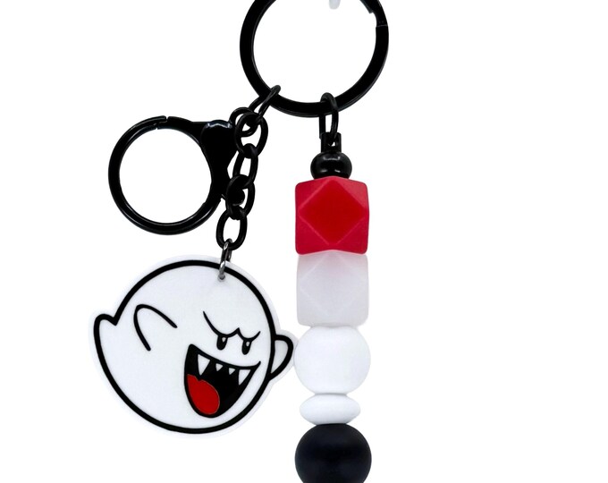 Ghost Character Beaded Keychain: Handmade Purse Charm, Friend Gift