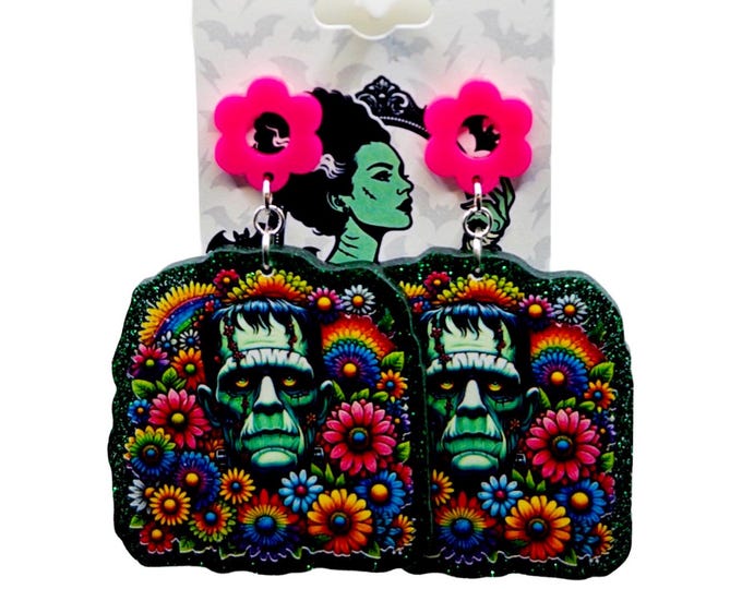 Frankenstein Glitter Acrylic Earrings: Glow-in-the-Dark Spooky Halloween Horror