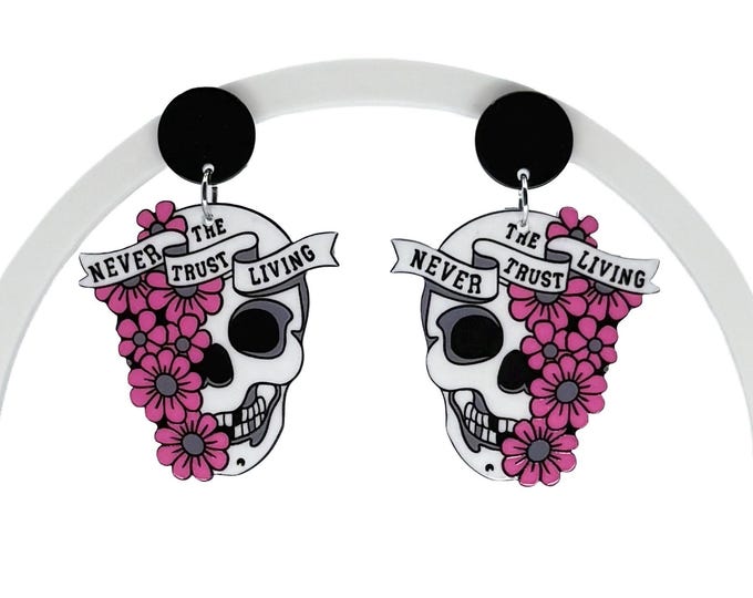 Goth Skull Earrings with Pink Flowers, Never Trust The Living
