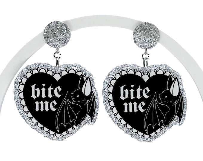 Glitter Bat Heart Earrings, Gothic Halloween Jewelry, Silver Tone Hooks
