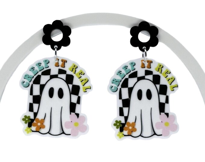 Retro Ghost Earrings: Checkered Halloween Dangles