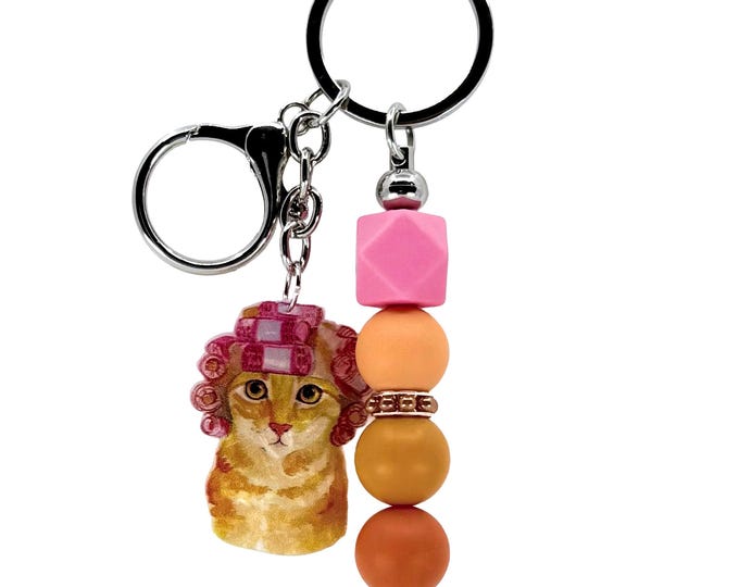 Cat Lady Bag Charm: Beaded Keychain with Silver Clip