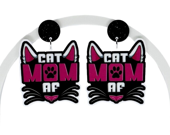 Cat Mom AF Earrings, Silver Tone or Pink Yarn Ball Studs