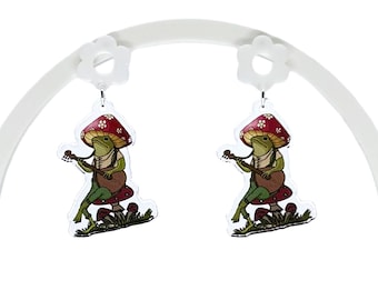 Frog Mushroom Earrings: Fairycore Hypoallergenic Jewelry