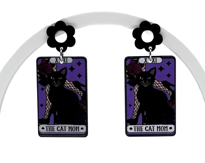 Black Cat Tarot Card Earrings: Cat Mom Gift