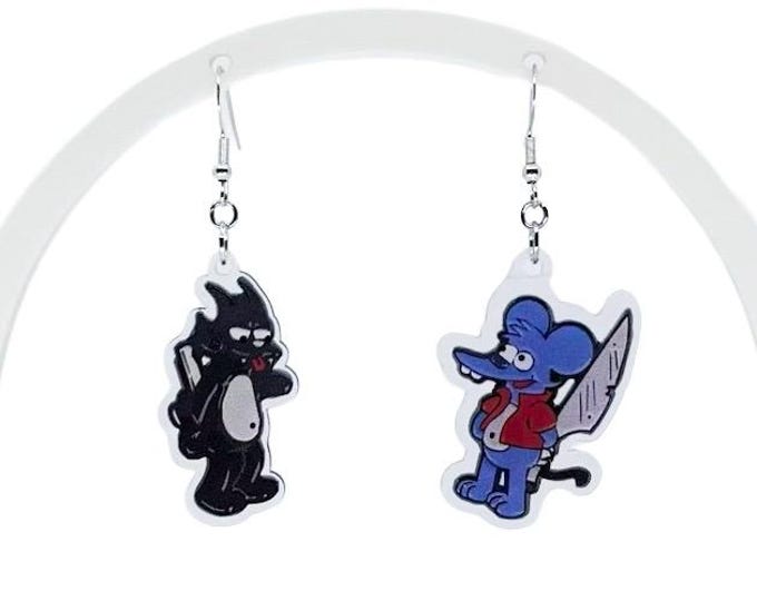 Cat & Mouse Cartoon Inspired Earrings, Retro, Funky Earrings, Frenemies