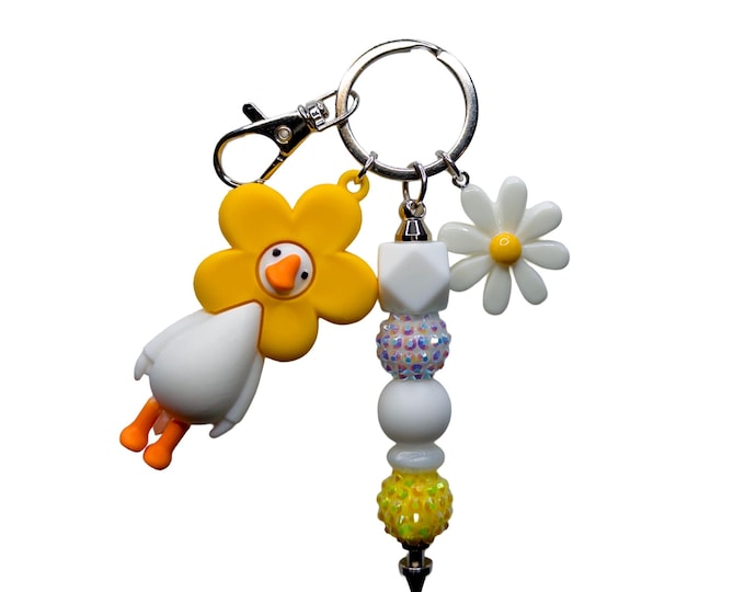 Rubber Duck Flower Charm Keychain, Daisy Beaded Bag Accessory