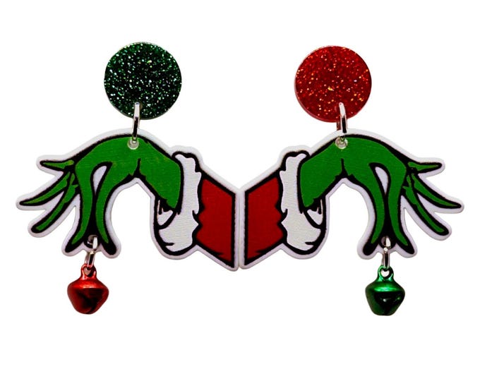 Grinch Inspired Christmas Earrings, Jingle Bell Holiday Party Earrings