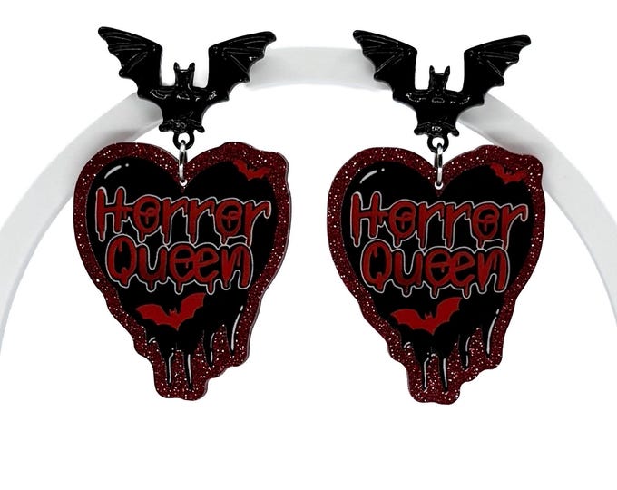 Horror Queen Heart Earrings, Glitter Bat Drip Statement Jewelry
