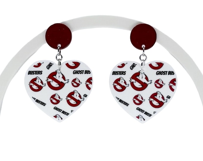 Ghostbusters heart earrings, retro graphic acrylic dangle jewelry, Horror Earrings