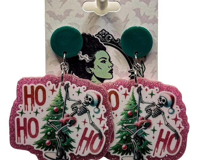 Glittery Christmas Skeleton Earrings, Gothic Holiday Statement Earrings
