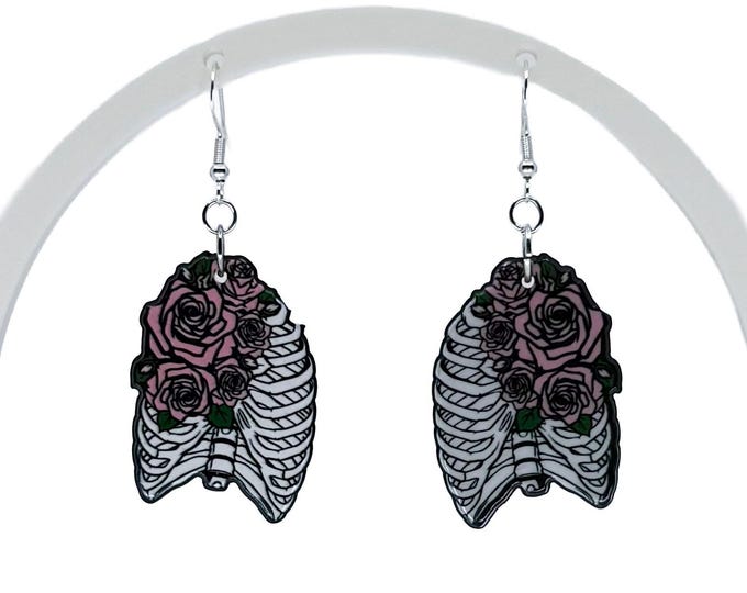 Goth Flower Rib Cage Earrings: Hypoallergenic Gunmetal Gray