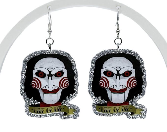 Billy Inspired Horror Movie Swirl Drip Earrings: Live or Die Design