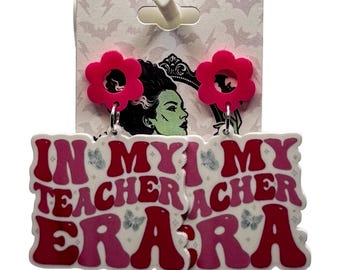 Retro Teacher Era Earrings, Pink Daisy Studs, Teacher Gift