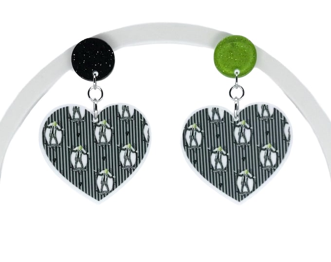 Heart Shaped Beetle Guy Earrings, Spooky Ghost Pattern Acrylic Jewelry, Horror Earrings